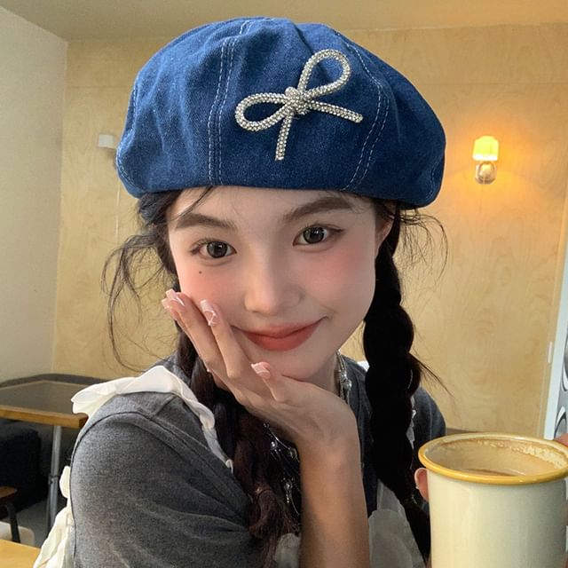 Denim Ribbon Beret Beaded