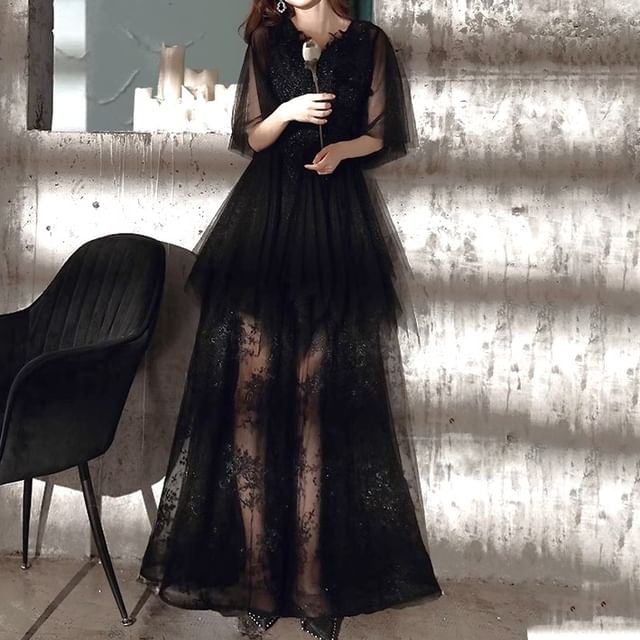 Gown Flared-Sleeve Flower A-Line Evening Embroidered