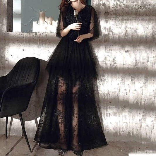 Gown Flared-Sleeve Flower A-Line Evening Embroidered