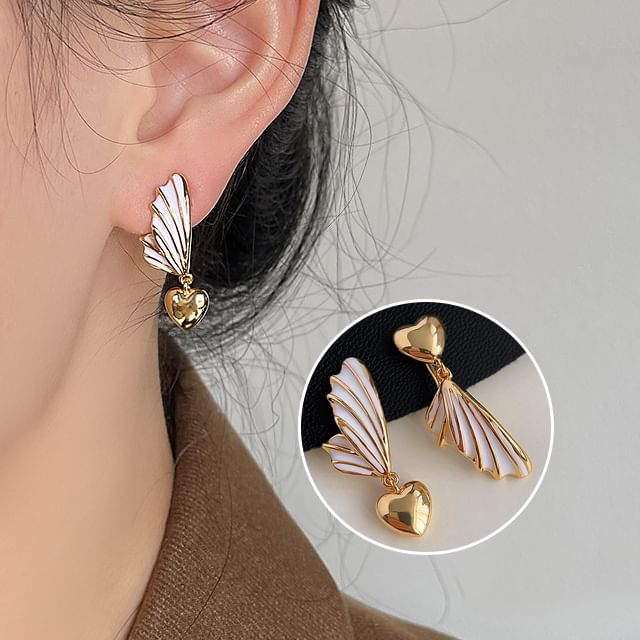 Drop Heart Clip On Asymmetrical Wing Earring