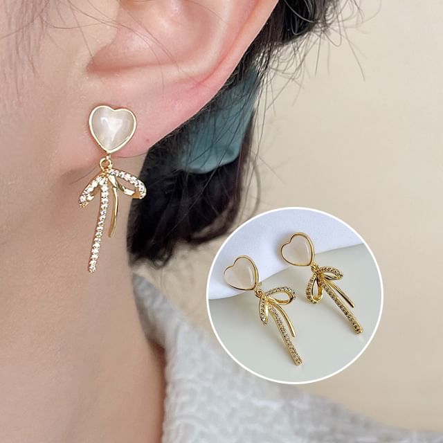 Rhinestone Clip Heart Drop On Earring Bow
