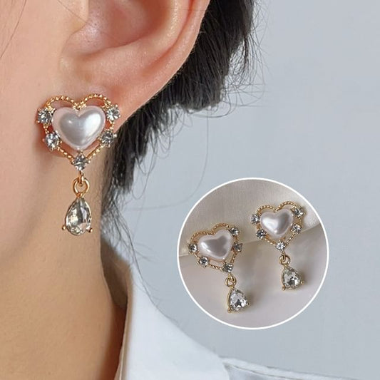 Rhinestone On Drop Pearl Heart Clip Earring Faux