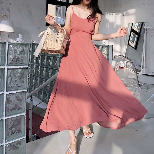 Spaghetti Open Maxi Sundress Back Plain Strap