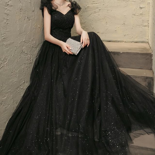 Short-Sleeve A-Line V-Neck Evening Gown Mesh