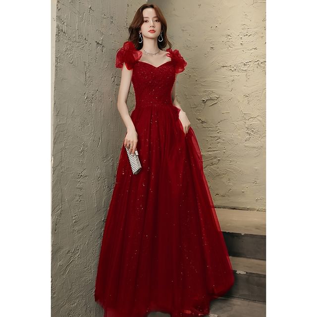 Short-Sleeve A-Line V-Neck Evening Gown Mesh