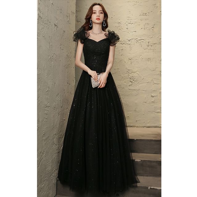 Short-Sleeve A-Line V-Neck Evening Gown Mesh
