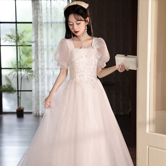 A-Line Neck Evening Square Gown Puff-Sleeve Mesh