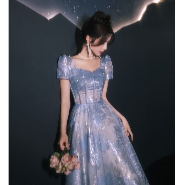 Gown Evening Patterned Short-Sleeve A-Line Beaded