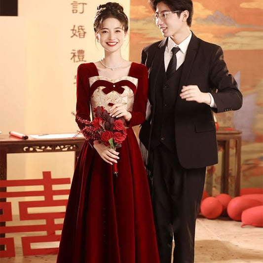 A-Line Gown Velvet Evening Bow Long-Sleeve