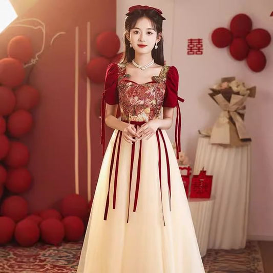 Short-Sleeve Bow Evening Mesh A-Line Floral Gown