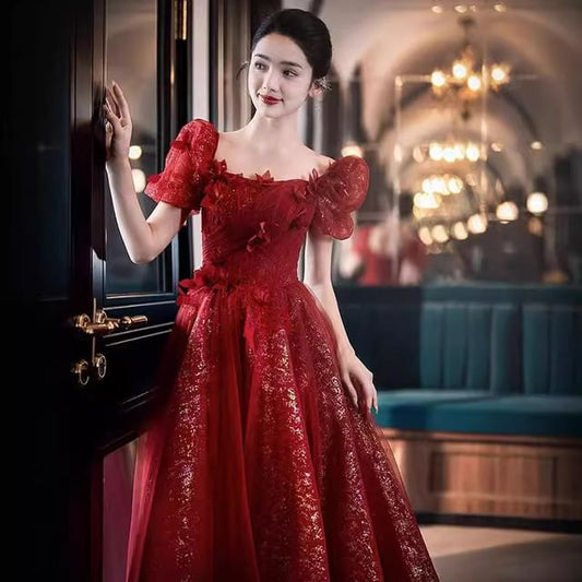 A-Line Accent Evening Flower Gown Sequin Short-Sleeve