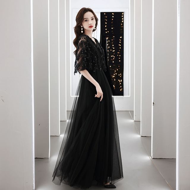 Elbow-Sleeve Evening V-Neck A-Line Gown Fringed Sequin