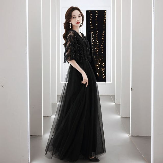 Elbow-Sleeve Evening V-Neck A-Line Gown Fringed Sequin