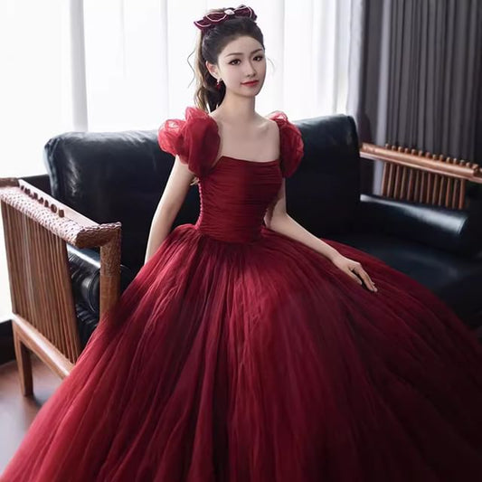 Square Neck Plain Back Gown Bow Ball Puff-Sleeve