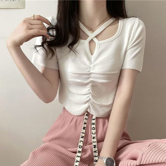 Notch Cross Plain Top Criss Short-Sleeve Neck Knit Ruched
