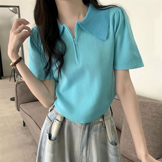 Collared Short-Sleeve Top Knit Zip Half