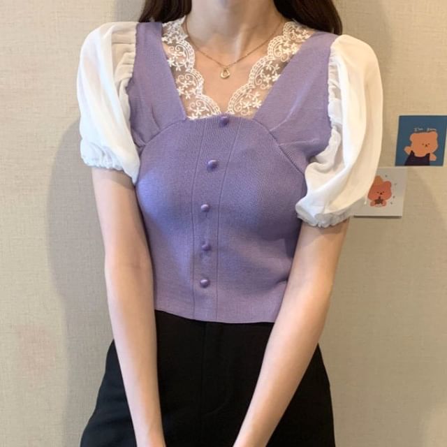 Embroidered Short-Sleeve Button V-Neck Panel Top