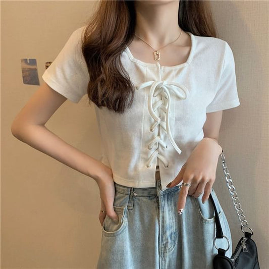Plain Square Lace Up Top Short-Sleeve Neck