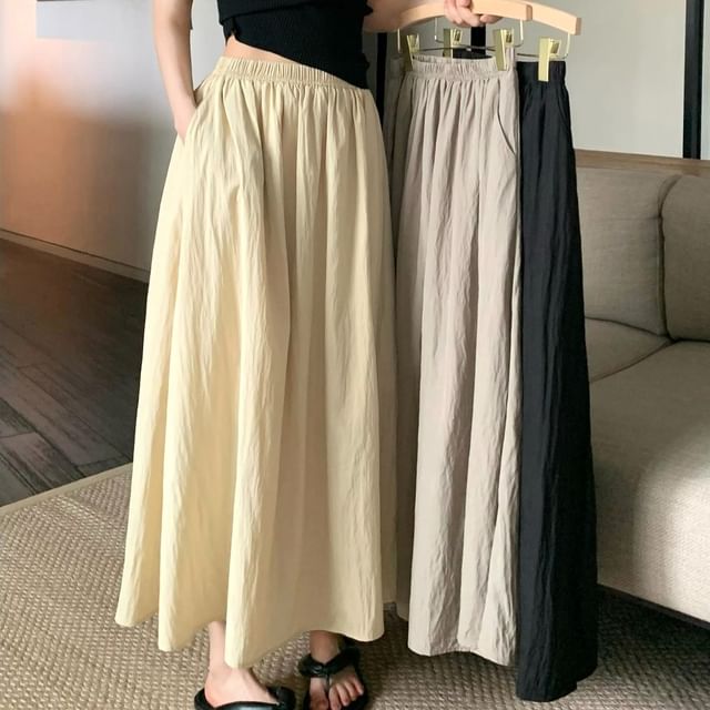 A-Line Elastic Waist Plain Maxi Skirt