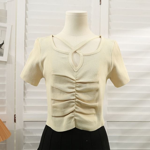 Notch Cross Plain Top Criss Short-Sleeve Neck Knit Ruched