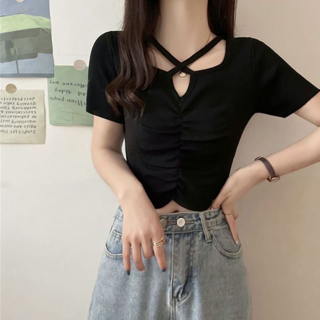 Notch Cross Plain Top Criss Short-Sleeve Neck Knit Ruched