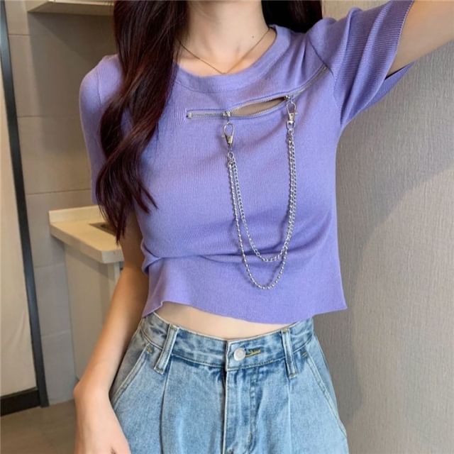 Crew Chain Short-Sleeve T-Shirt Zip Neck Plain