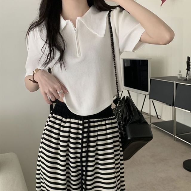 Collared Short-Sleeve Top Knit Zip Half