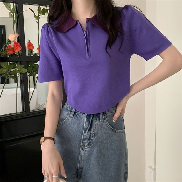 Collared Short-Sleeve Top Knit Zip Half