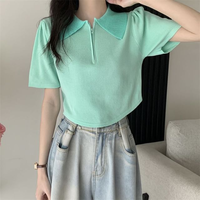 Collared Short-Sleeve Top Knit Zip Half