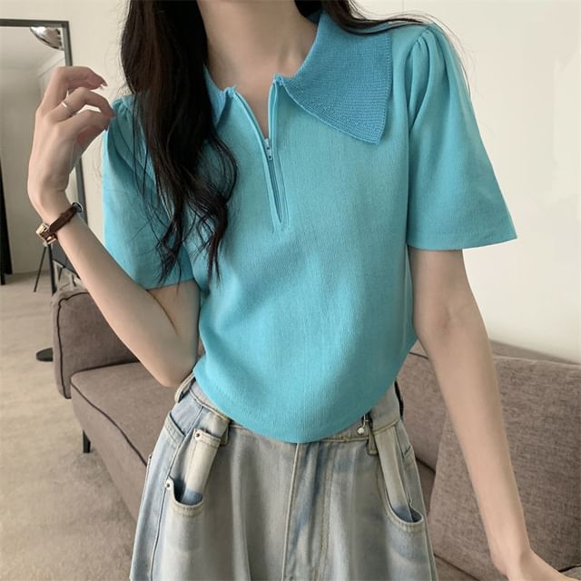 Collared Short-Sleeve Top Knit Zip Half