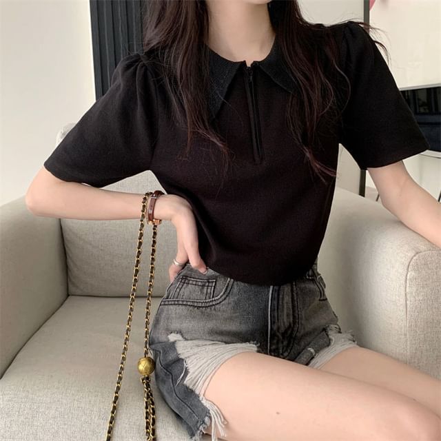 Collared Short-Sleeve Top Knit Zip Half