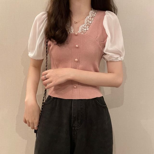 Embroidered Short-Sleeve Button V-Neck Panel Top