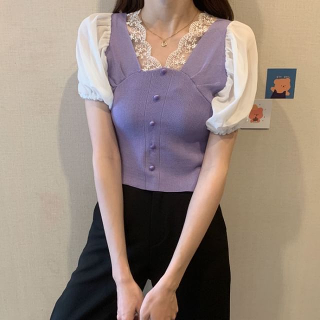 Embroidered Short-Sleeve Button V-Neck Panel Top