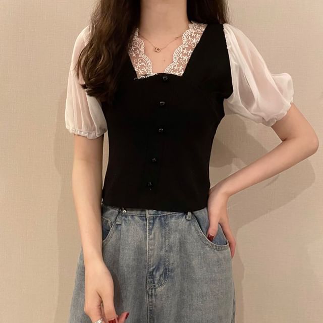 Embroidered Short-Sleeve Button V-Neck Panel Top