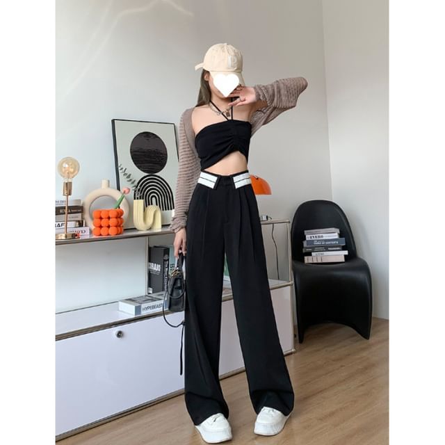 High Wide Pants Pleated Leg Striped Waist Suit