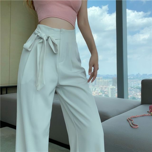 High Leg Tie-Up Dress Waist Plain Wide Pants