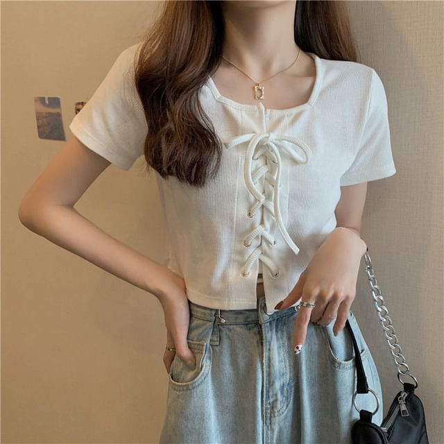 Plain Square Lace Up Top Short-Sleeve Neck