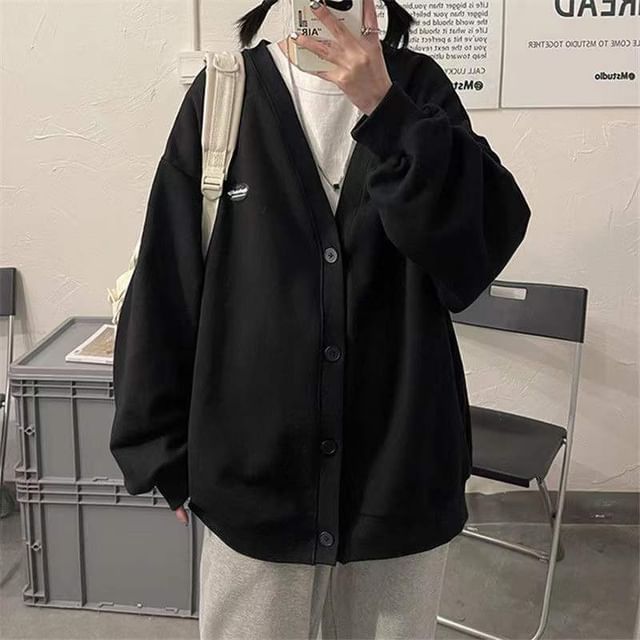 Button Plain Jacket V-Neck