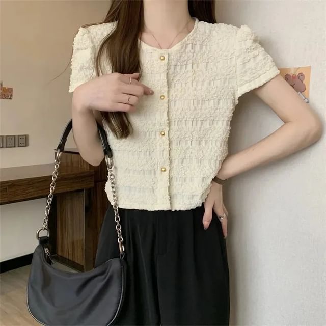 Round Plain Neck Frill Top Short-Sleeve Button