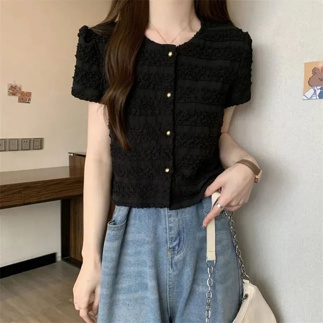 Round Plain Neck Frill Top Short-Sleeve Button