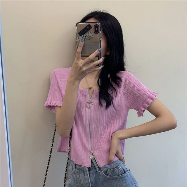 Plain Round Neck Cardigan Ribbed Short-Sleeve Zip