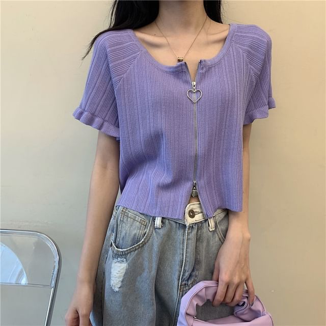 Plain Round Neck Cardigan Ribbed Short-Sleeve Zip