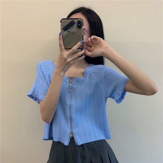 Plain Round Neck Cardigan Ribbed Short-Sleeve Zip