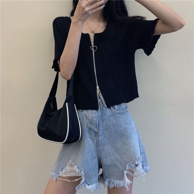 Plain Round Neck Cardigan Ribbed Short-Sleeve Zip