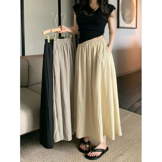 A-Line Elastic Waist Plain Maxi Skirt