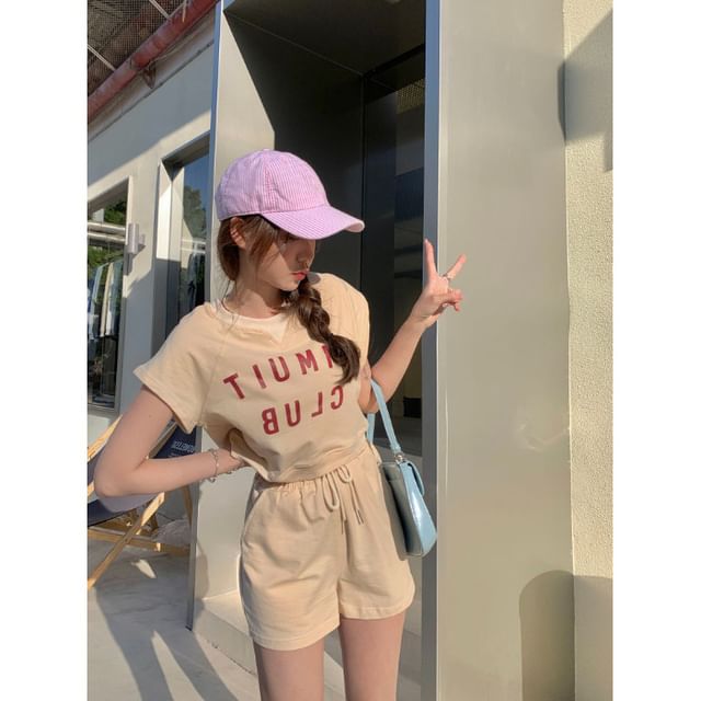 T-Shirt Short-Sleeve Lettering Waist Crew Print Plain Neck Set: Shorts Drawstring +