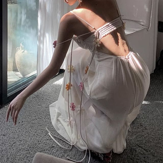 Open Accent Back Maxi Spaghetti Strap Ruched A-Line Dress V-Neck Floral