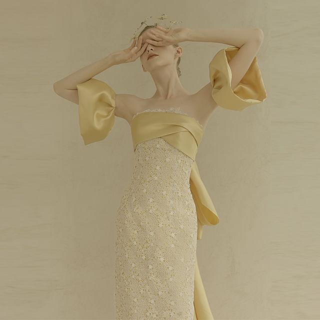 + Strapless Trained Gown Sleeves Sheath Set: Evening Lace Back Arm Bow