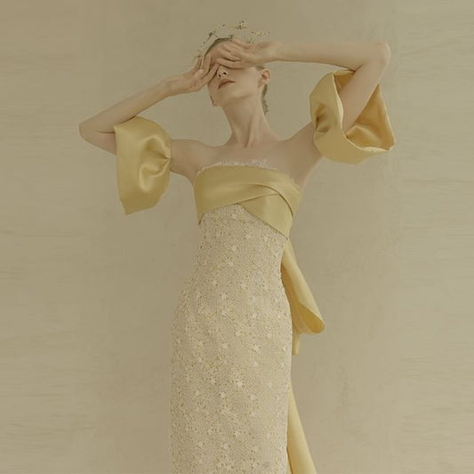 + Strapless Trained Gown Sleeves Sheath Set: Evening Lace Back Arm Bow