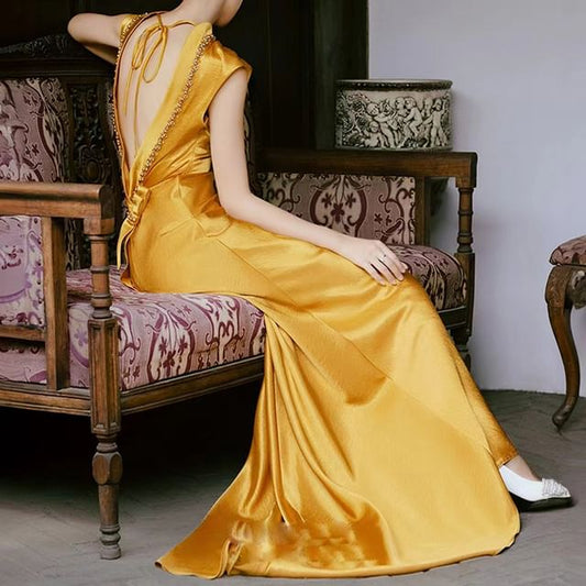 Plain Evening Mermaid Cap-Sleeve Mock Gown Embellished Open Back Neck